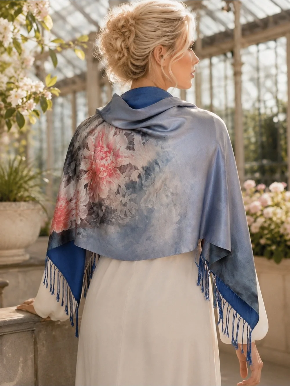 Story of Shanghai 100% Natural Mulberry Silk Floral Fringe Scarf Wrap OS NWT